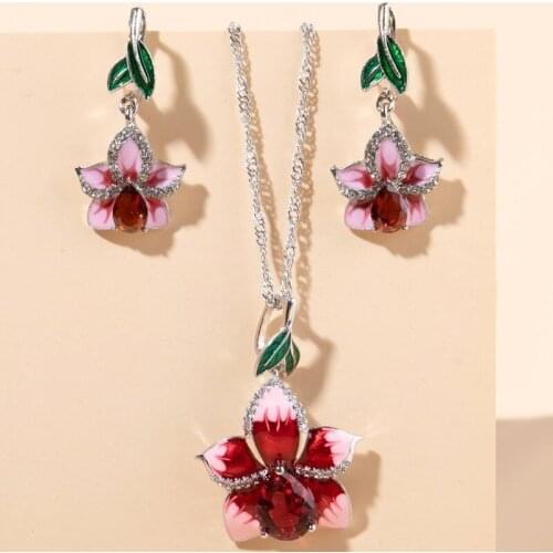 2021 Creative Jewelry Women Elegant Flower Silver Drops Earrings Deep Red Pink Enamel Crystal Wedding Bridal Dangle Earrings