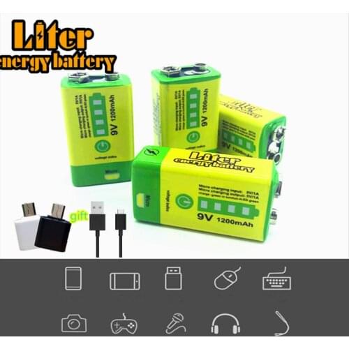 9V 6F22 Micro USB 1200mAh rechargeable lithium ion battery for smoke alarm wireless microphone Guitar EQ Intercom Multimeter