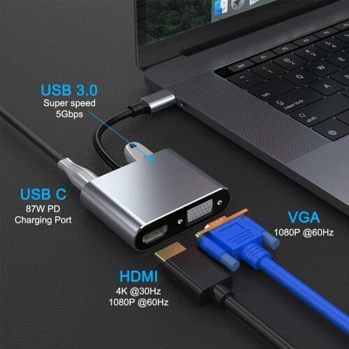 USB C to VGA HDMI Adapter AUX Hub USB 3.0 OTG Charging Power PD100W Port Compatible for MacBook Pro Air/Dell XPS Nintendo Switch