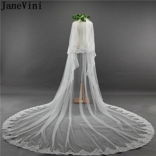 JaneVini bride to be sluier White Long Bridal Veils with Comb Lace Edge Two Layers Soft Tulle Ivory 3.5 Meters Wedding Veil 2020