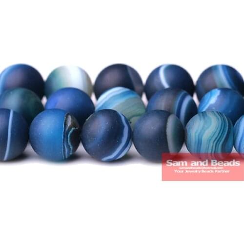 Free Shipping 16" Natural Stone Dull Polish Matte Blue Stripe Agata Onyx Round Loose Beads 6 8 10 MM Pick Size FAB03