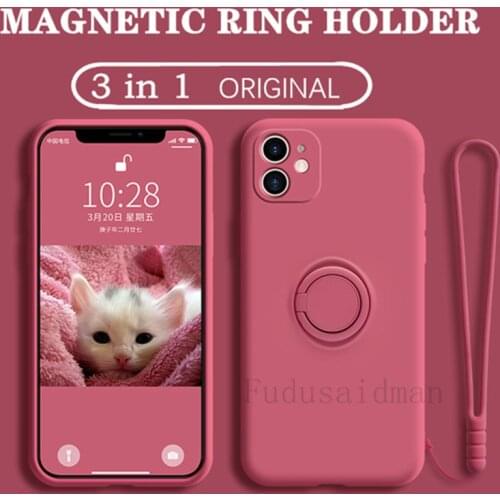 Ring Holder Liquid Silicone Case For iPhone 12 Mini 11 Pro Max XS Max XR X 6 6s 7 8 Plus SE Stand Cover Coque With Hand Strap