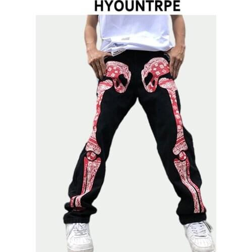 Fashion Skull Paisley Printed Denim Jeans Pants Mens Straight Zipper Trousers Hip Hop Streetwear Long Jean Pant Casual Joggers