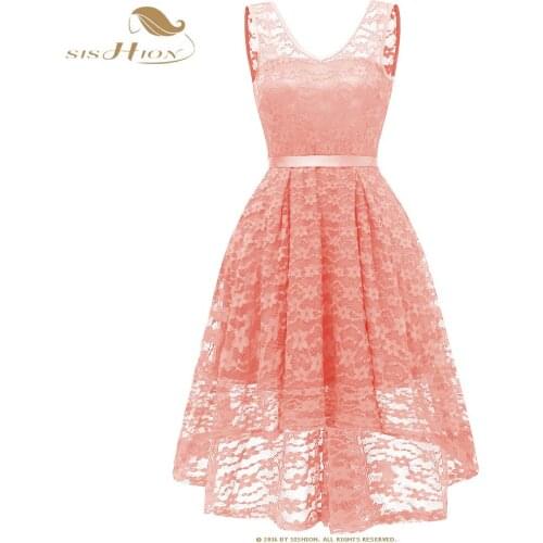 SISHION Elegant Lace Dress Sleeveless Backless Sexy Asymmetrical Party Short Front Long Back Black Pink White Dress VD0704