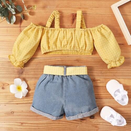 Kids Baby Girls Fashion 2-piece Outfit Set Off Shoulder Tops+Denim Shorts Set for Children Girls 1-5T 2021 New Fashion