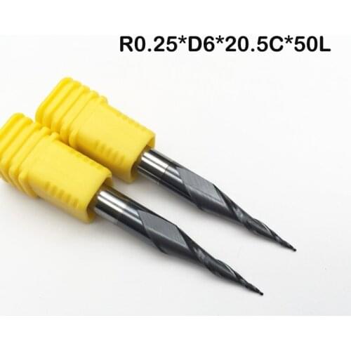 2pcs/lot R0.25*D6*20*50L*2F HRC55 Tungsten solid carbide Coated Tapered Taper Ball Nose End Mill cone type cnc milling cutter