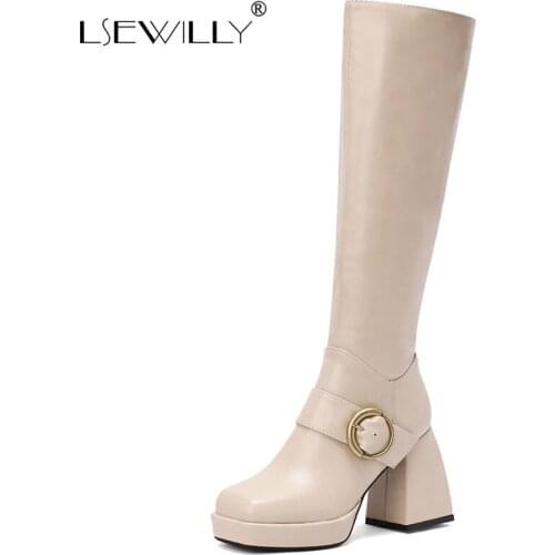 Lsewilly Women Knee High Boots Platform Thick High Heel Ladies Calf Boots Fashion Square Toe Zipper Womens Boots 2021 Winter