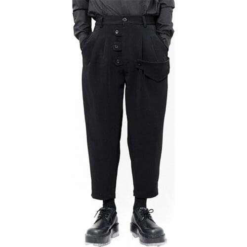 Yamamoto Style Mens new Casual Pants Capris button placket one side large pocket dark Harem