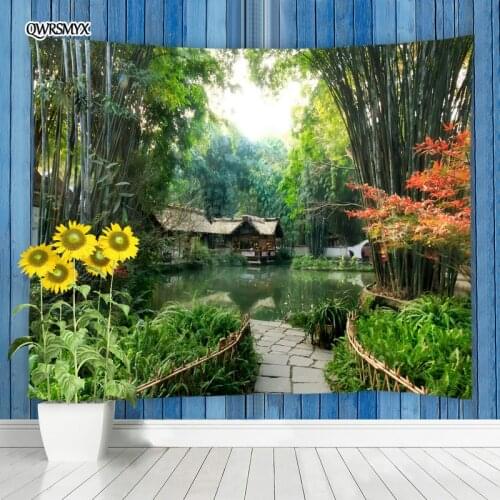 Bamboo Forest Lake View Tapestry Wall Hanging Garden Scenery Living Room Bedroom Art Decor Tapestries Home Decoration Curtain