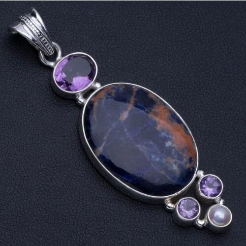 Natural Navy Sodalite,River Pearl and Amethyst Punk Style 925 Sterling Silver Pendant 2 1/2" P0463