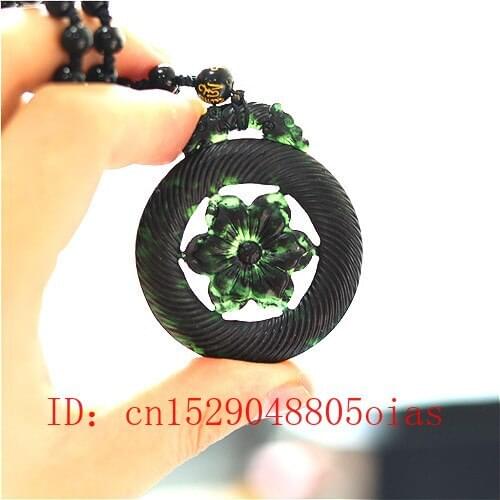Natural Black Green Chinese Jade Flower Pendant Beads Necklace Charm Jewelry Double-sided Hollow Carved Amulet Gifts for Her Men