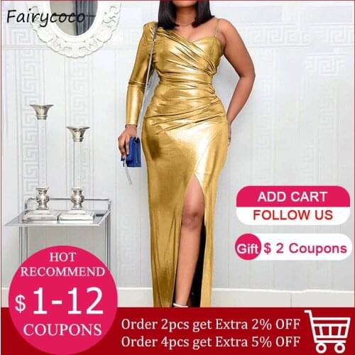 Summer Party Dress Women Elegant One Shoulder Maxi Dresses Silver Golden Fashion Sexy Long Vestidos Formal Dinner African 2021