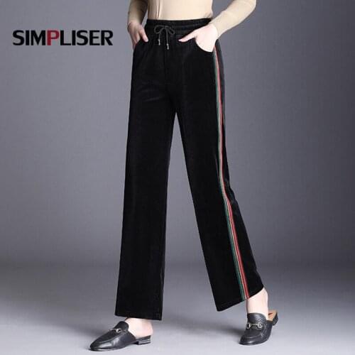 Striped Women Velour Trousers 2021 Winter Ladies Wide Leg Pants Plus Size 5XL 6XL Femme Pantalon Black Blue Women Sweatpants
