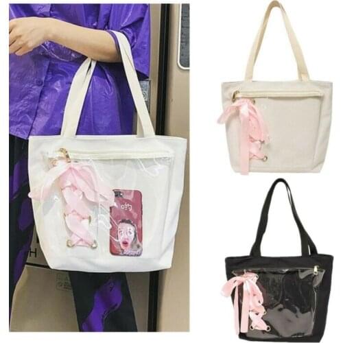 Women Transparent Shoulder Bag Ribbon Bow Badge Doll Show Handbags