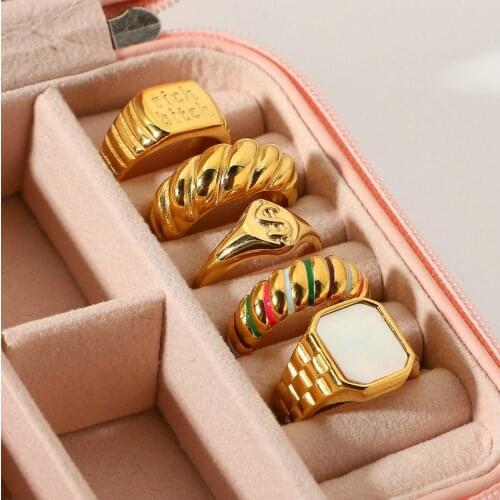Minar INS Fashion Letters Printing Gold Color Geometric Rings for Women Ladies Stainless Steel Chunky Rings Party Accessories
