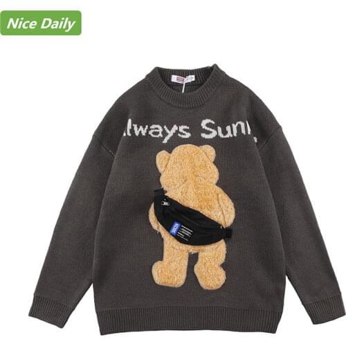 NiceDaily Harajuku Autumn Men Sweater Pullover Womens Sweater Vintage Bear Backpack Patch Round Neck Hip Hop Loose Streetwear