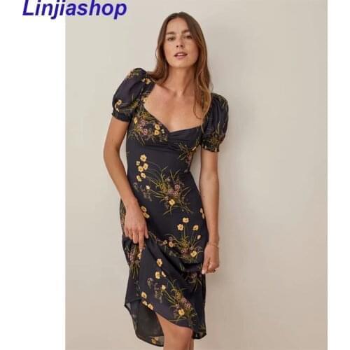 Bandage Slim Waist Elegant Long Dress Women Vintage Summer Dress Puff Sleeve French Midi Party Dresses