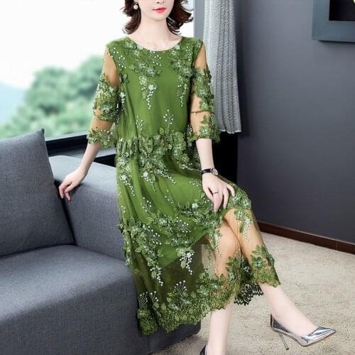 High Quality Embroidered Mesh Dress Women Fashion Flower Printed Loose Summer 3/4 Sleeve Dresses Vintage Party Vestidos Y923