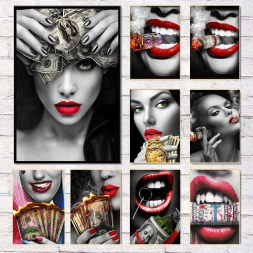 Abstract Red Lips Smoking Black and White Picture Canvas Painting Wall Art Pictures Posters and Prints Living Room Home Decor
