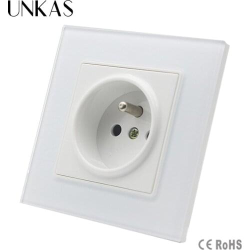 UNKAS Hot Sale White Crystal Glass Panel, AC 110~250V 16A New Outlet,French Standard Wall Power Socket, GB-C7C1FR-1
