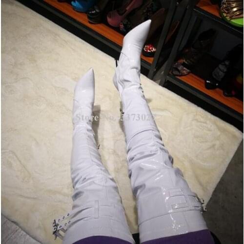 White Color Patent Leather Over the Knee Boots Woman Fashion Pointed Toe Buckles Long Boots Female Sexy Thigh High Boots