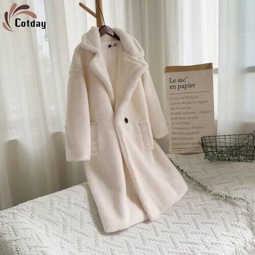 Cotday Lamb Wool Little Guy White Long Turn-down Collar 2020 New Winter Warm Women Elegant Long Women Pockets Loose Fur Coat