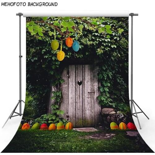 Photography Backdrop Vintage Garden Scenic White Wood Door with Colorful Eggs for Easter 5x7ft Backdrop for Kids Photoshoot