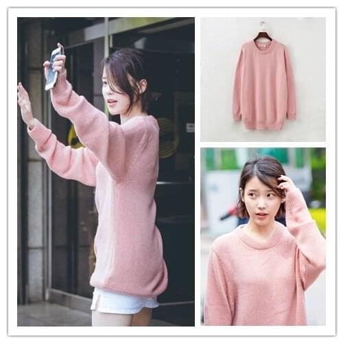 KPOP IU Lee Ji Eun autumn new Fashion pink sweet long sleeved pullover sweater women Streetwear loose knit warm o-neck sweaters