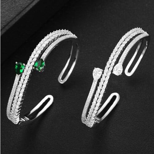 Blanchette New Fashion Trendy Clear Green CZ Open Bangle For Women Girl Bridal Wedding Cubic Zirconia Luxury Daily Party Jewelry