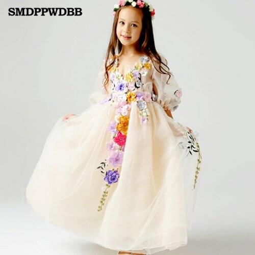 SMDPPWDBB 2-12Y Princess Tulle Flower Girl length Evening Dress Kids Party Bridesmaid Wedding Lavender Gown Robe Enfant Dress