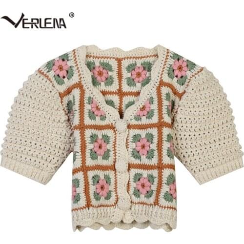 Verlena Half Sleeve Knitted V-Neck Vintage Cardigan Sweet Crochet Plaid Flowers Spring Autumn Sweater Korean Fashion Tops 2021