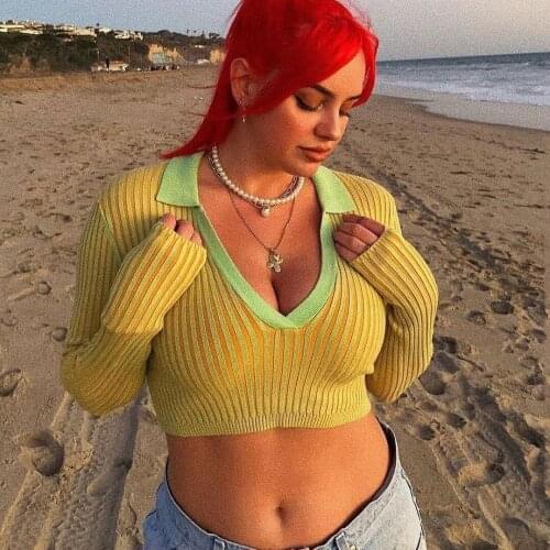 2021 Summer Sexy Knitted Green Long Sleeve T Shirts Women Casual V-neck Short Tops Fashion 90S Vintage Y2K Crop Top Streetwear