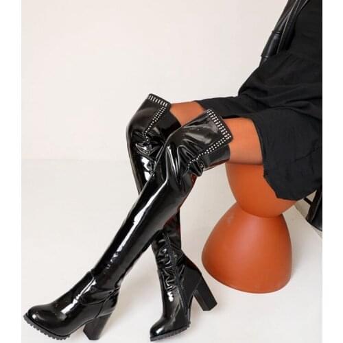 Over-the-Knee Boots Womens Square Block Heel Platform Side Zip Winter Warm Thigh Boots 9CM High Heels Super Size 33-50 T703-8