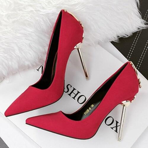 2021 Woman Extreme 10cm High Heel Pumps Female Flock Velvet Pointed Toe Fetish Metal Heels Lady Footwear Scarpins Green Shoes