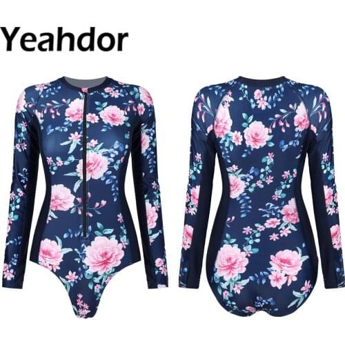 Womens Floral Printed Swimwear Beachwear UV Sun Protection Rash Guard Long Sleeve Zipper Swimsuit Female Swimming Bathing Suit