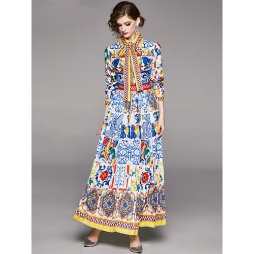 Runway Designer Pleated Maxi Dresses 2020 Women Blue and White Porcelain Print Bow Neck Vintage Floor Length Long Party Dress