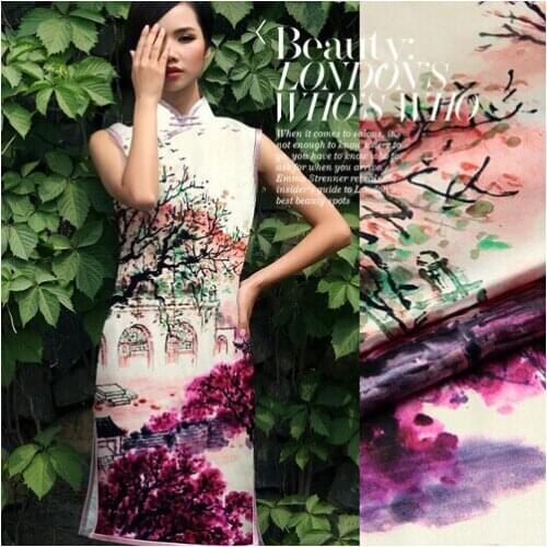 118*120cm 19mm 93% silk & 7% spandex Chinese paiting print silk satin fabric for dress shirt clothes 052