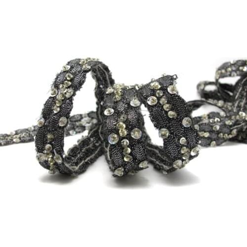 9/16 Inch Bead and Sequins Embroidered Shiny Ribbon Trim|Silver and Black|Bra Dress Strap|Embellishment|Clothing Ribbon