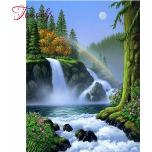 Touoilp Diamond Mosaic Cross Stitch Scenery Full Square Round Wall Decor Rhinestone Diamond Embroidery Waterfall 5D Handmade