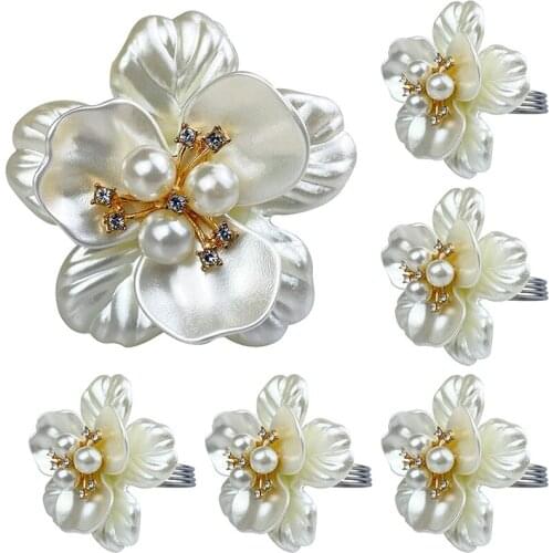 White Pearl Flower Napkin Rings Set of 6, Crystal Diamond Napkin Rings for Wedding Birthday Party Holder Dining Kitchen