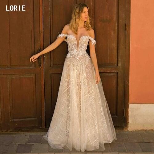 LORIE Shiny Beach Wedding Dresses 2021 Off The Shoulder 3D Flower Lace Wedding Gowns High Side Slit Bride Dress Vestido de noiva