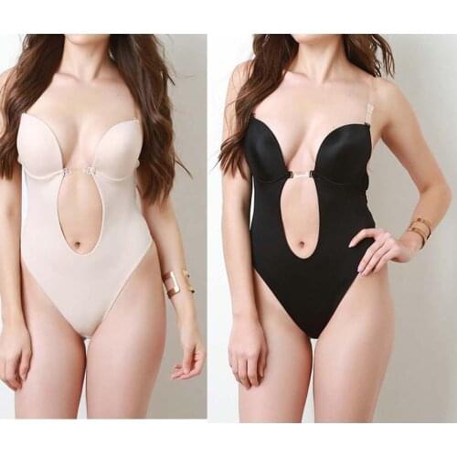 Deep V-Neck Bodysuit Shapewear Body Shaper Backless U Plunge Thong Shapers Waist Trainer Women Clear Strap Padded Push Up Corse