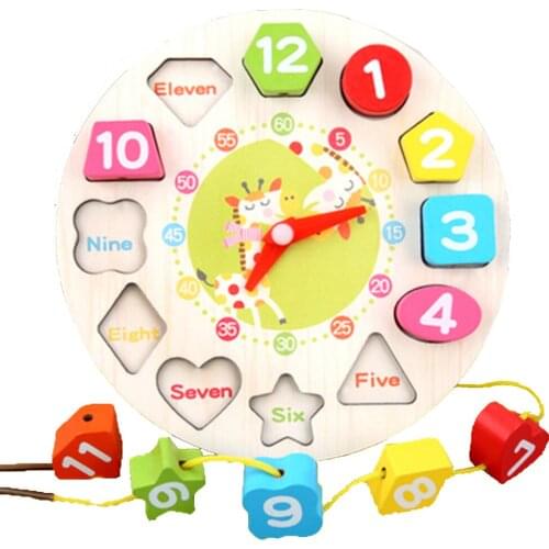 Kids Wooden Puzzle Toys Tangram Cognitive Digital Clock Digital Wood Watch Jigsaw Toys Education Cartoon Threading Assembly Toys