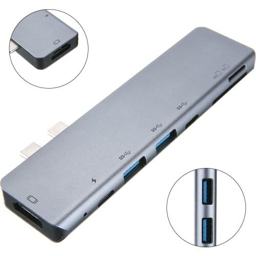 For PC Laptop 1pc High Speed USB3.0 Splitter Adapter Portable 7-in-1 Dual Type-C Hub Card Reader Adapters Pohiks