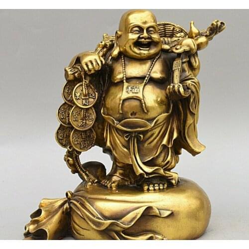 Chinese Buddhism Bronze Wealth Money Bag Happy Laughing Maitreya Buddha Statue