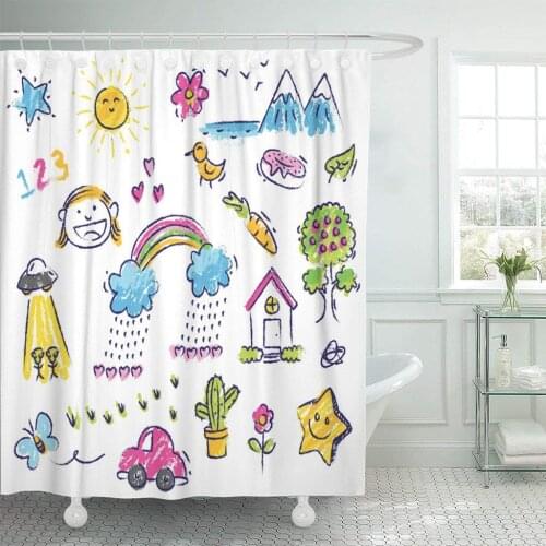 Colorful Drawn Cute Kid Drawing Pattern Crayon Children Girl Shower Curtain Waterproof Polyester Fabric 72 x 72 Inches Set
