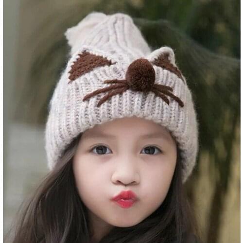 Mingjiebihuo New childrens winter Korean 2-12-year-old kid hat boys and girls warm wool knit hat fashion outdoor cute cat caps