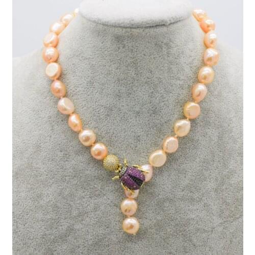 Freshwater pearl necklace pink purple baroque 10-13mm & zircon insects hook 16inch nature beads FPPJ wholesale
