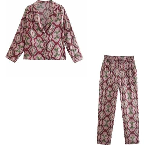 Xikom 2021 Summer Women Vintage Two-Piece Set Female V- Neck Single Breasted Shirt Ladies Elastic High Waist Casual Pants