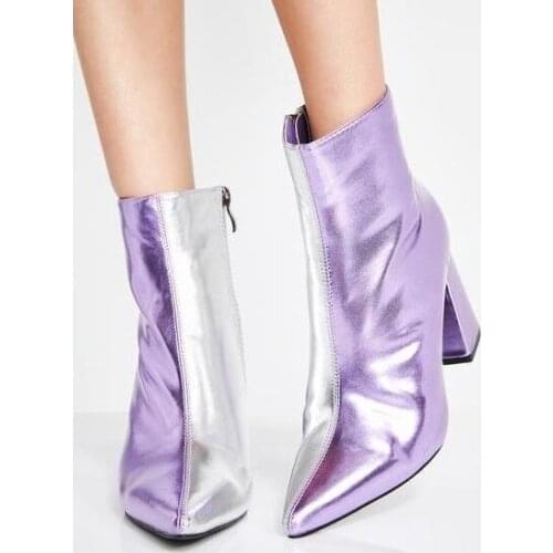 Spring New Women Fashion Solid Purple Yellow Pu/Suede Pointed Toe Zip Rough Heels Comfortable Ankle Short Boots Big Size 42